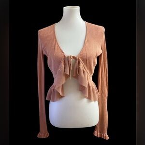Hem & Thread Peach Ruffle Fairy Preppy Schoolgirl Tie Front Cardigan Coquette